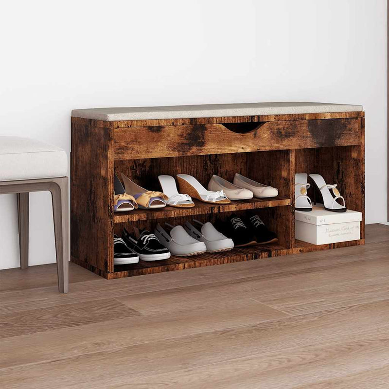 Afbeelding laden in galerijviewer, Vidaxl schoenenbank met kussen 104x30x49 cm bewerkt hout gerookt eiken