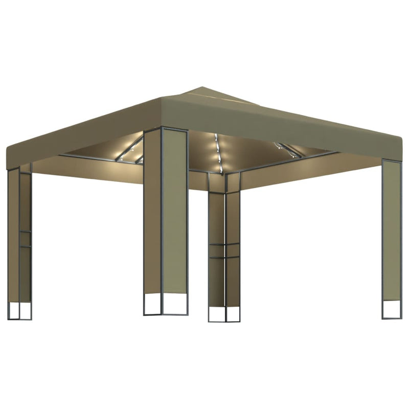 Afbeelding laden in galerijviewer, Vidaxl prieel met dubbel dak en led-lichtslinger 3x3x2,7 m taupe
