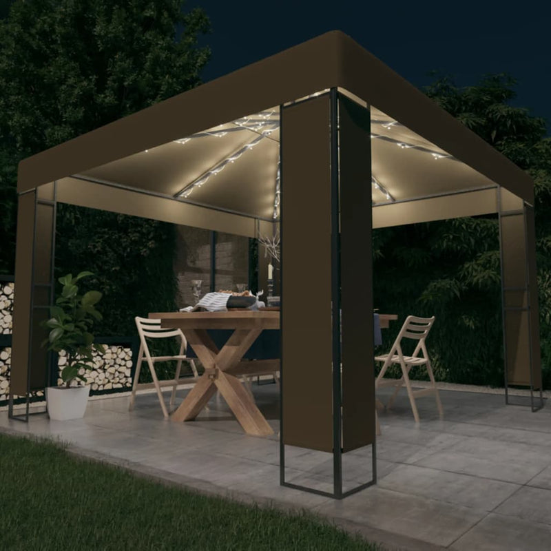 Afbeelding laden in galerijviewer, Vidaxl prieel met dubbel dak en led-lichtslinger 3x3x2,7 m taupe