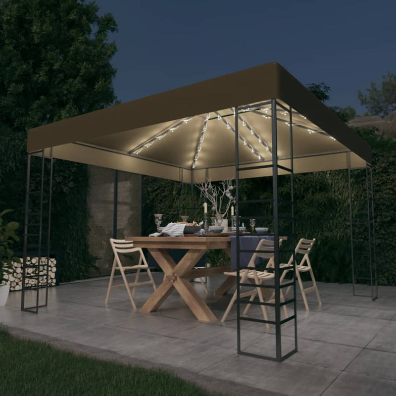 Afbeelding laden in galerijviewer, Vidaxl tuinpaviljoen met led-lichtslinger 3x3 m taupe