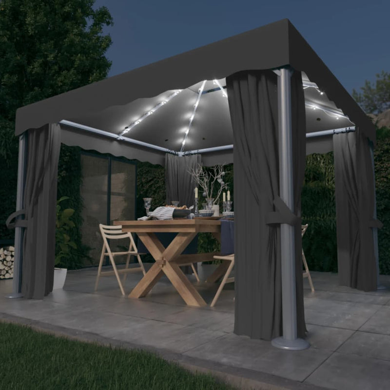 Load image into Gallery viewer, VidaXL Prieel met gordijn en LED-lichtslinger 3x3 m antracietkleurig