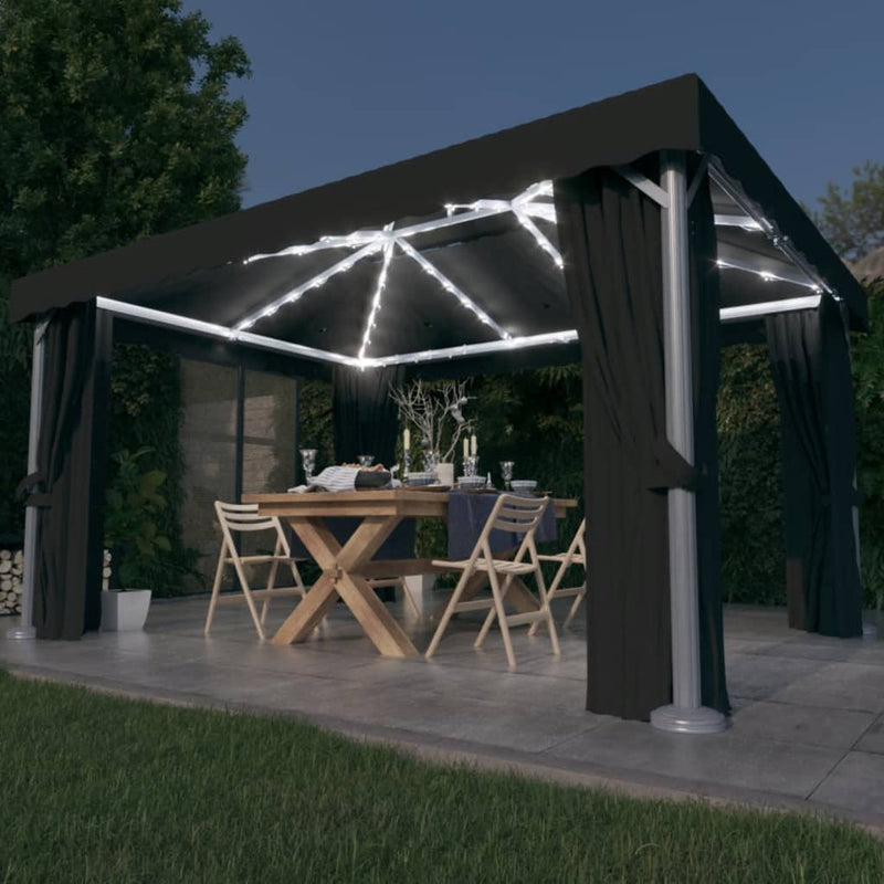 Load image into Gallery viewer, VidaXL Prieel met gordijn en LED-lichtslinger 4x3 m antracietkleurig