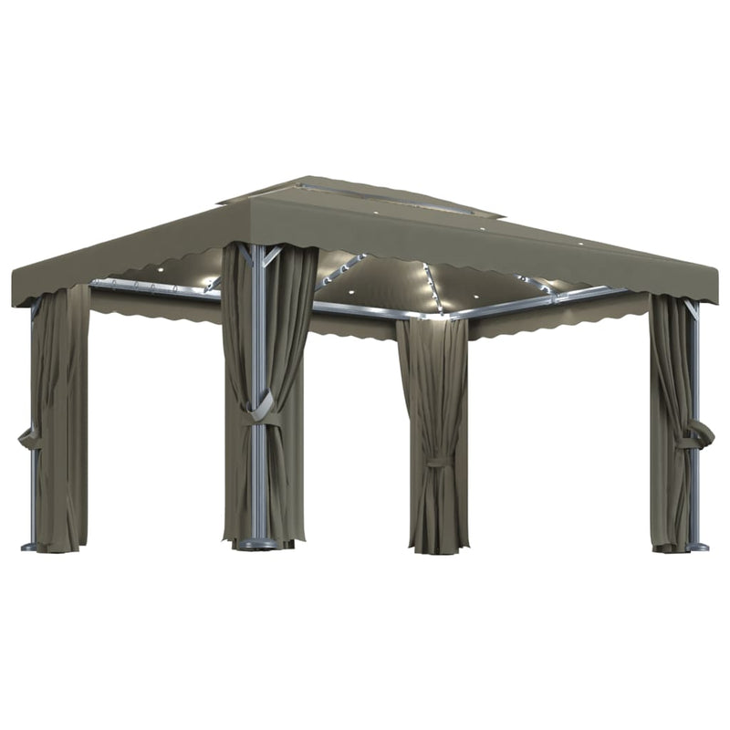 Load image into Gallery viewer, VidaXL Prieel met gordijn en LED-lichtslinger 4x3 m taupe