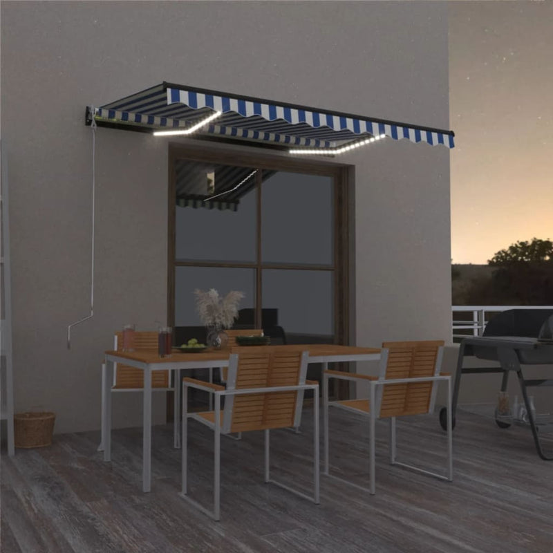 Load image into Gallery viewer, Vidaxl luifel handmatig uittrekbaar met led 400x300 cm blauw en wit