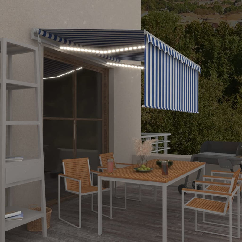 Afbeelding laden in galerijviewer, Vidaxl luifel met rolgordijn, led en windsensor 3x2,5 m blauw en wit