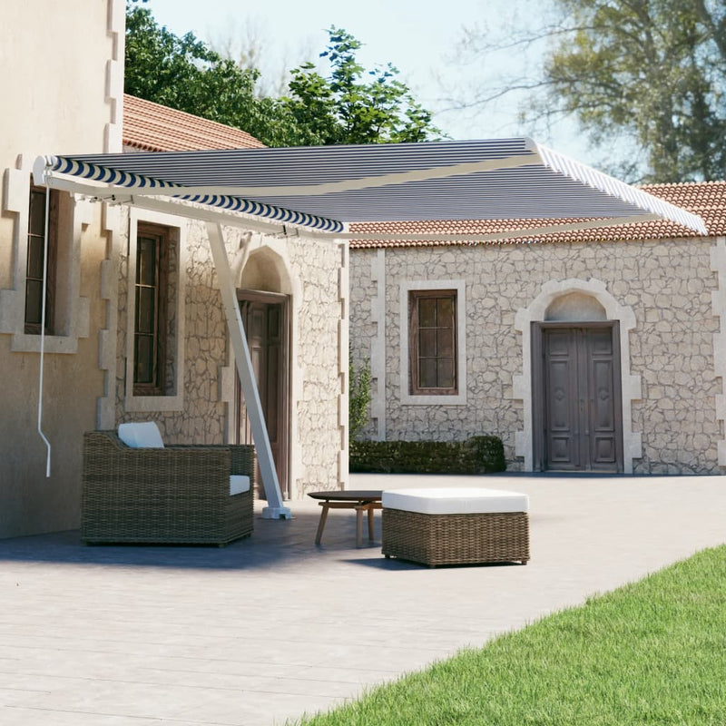 Load image into Gallery viewer, VidaXL Luifel vrijstaand handmatig uittrekbaar 400x300 cm blauw en wit