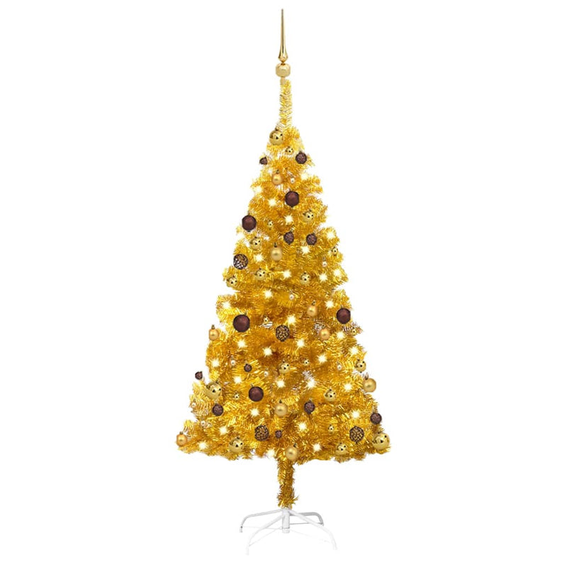 Load image into Gallery viewer, VidaXL Kunstkerstboom met verlichting en kerstballen 150 cm PET goud