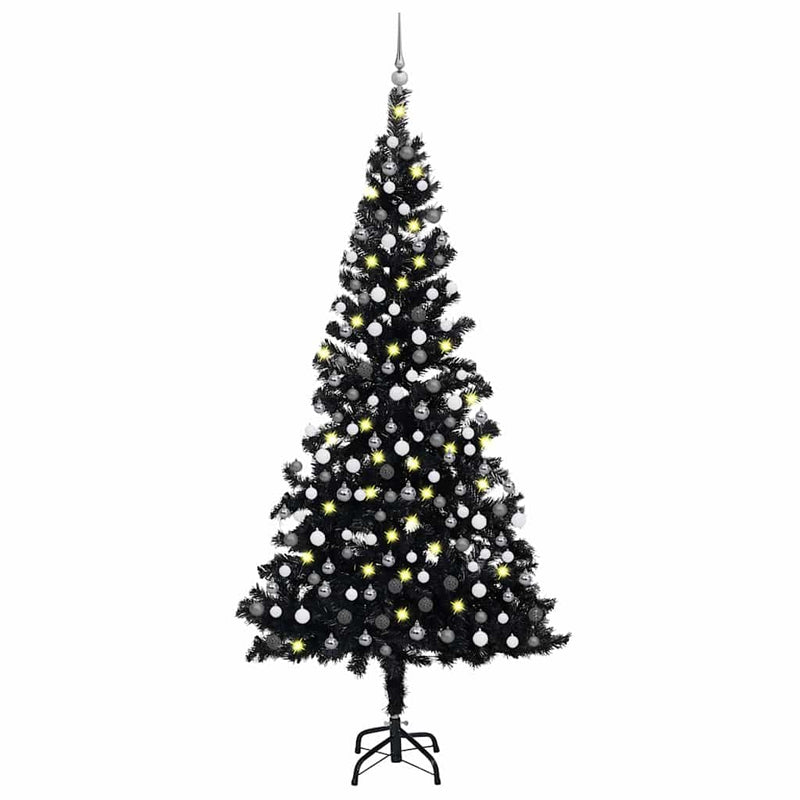 Load image into Gallery viewer, Vidaxl kunstkerstboom met verlichting en kerstballen 210 cm pvc zwart