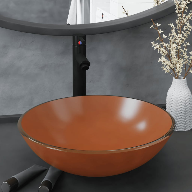 Load image into Gallery viewer, Vidaxl wastafel met kraan en pop-up afvoer gehard glas bruin