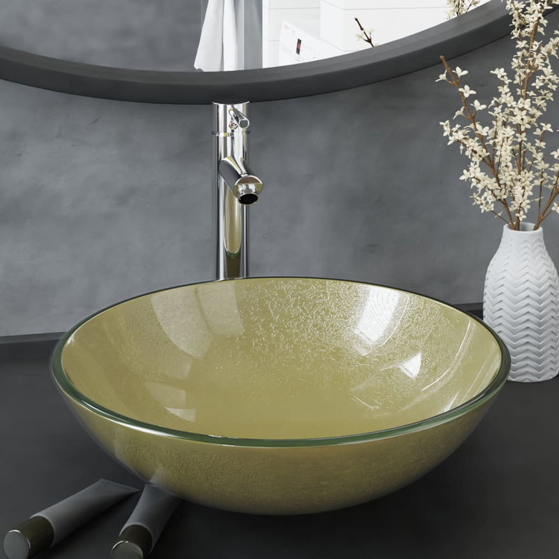 Load image into Gallery viewer, Vidaxl wastafel met kraan en pop-up afvoer gehard glas goudkleurig