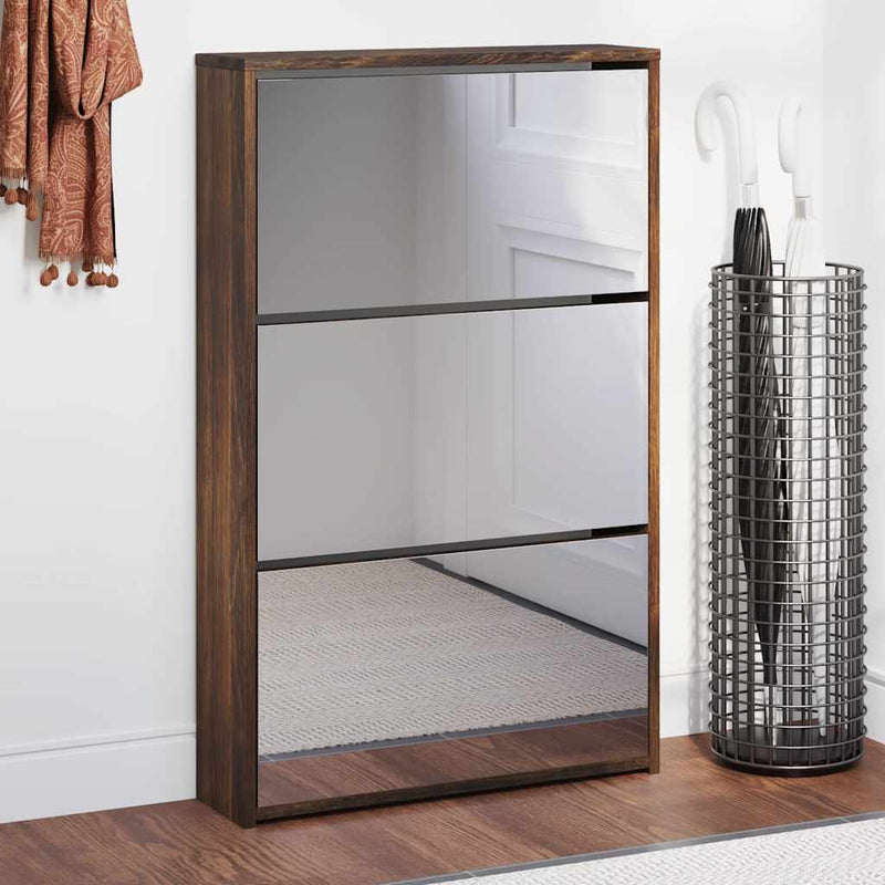 Load image into Gallery viewer, VidaXL Schoenenkast met spiegel 3-laags 63x17x102,5 cm gerookt eiken