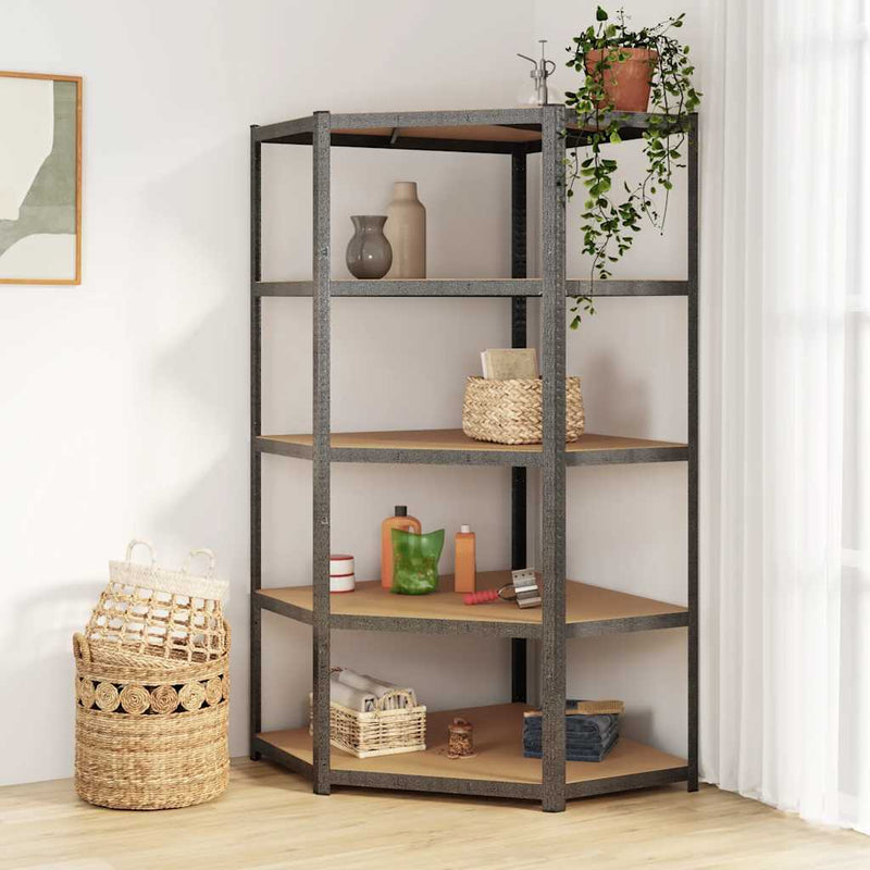 Load image into Gallery viewer, Vidaxl hoekrek robuust 5-laags staal en bewerkt hout grijs