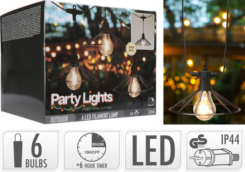 Afbeelding laden in galerijviewer, Excellent houseware pro garden party lights vintage led lichtsnoer 6 filament lampen met industrieel korfje 5.5m ip44