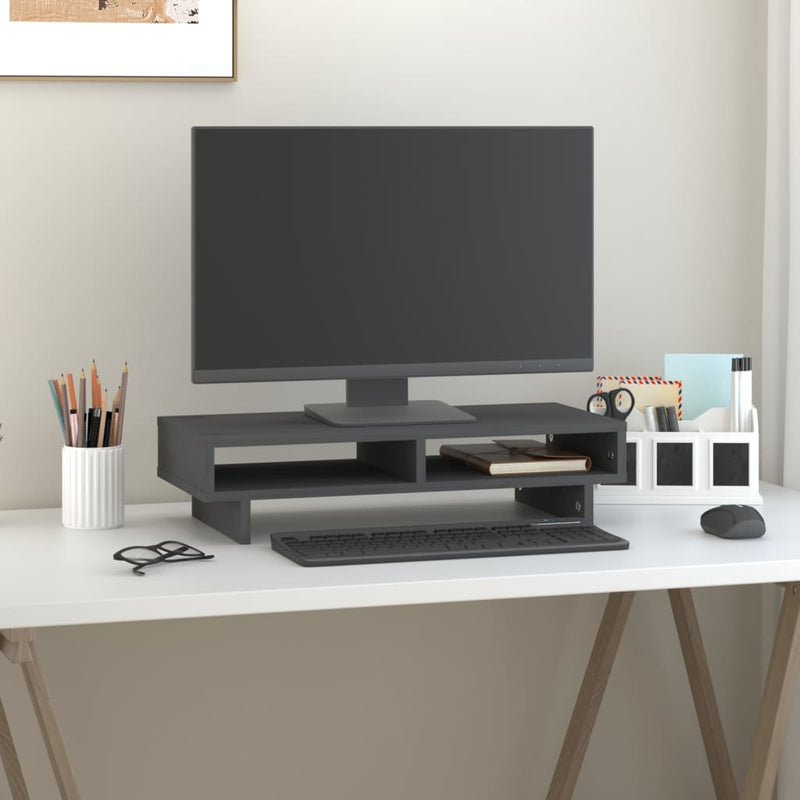 Load image into Gallery viewer, Vidaxl monitorstandaard 60x27x14 cm massief grenenhout grijs