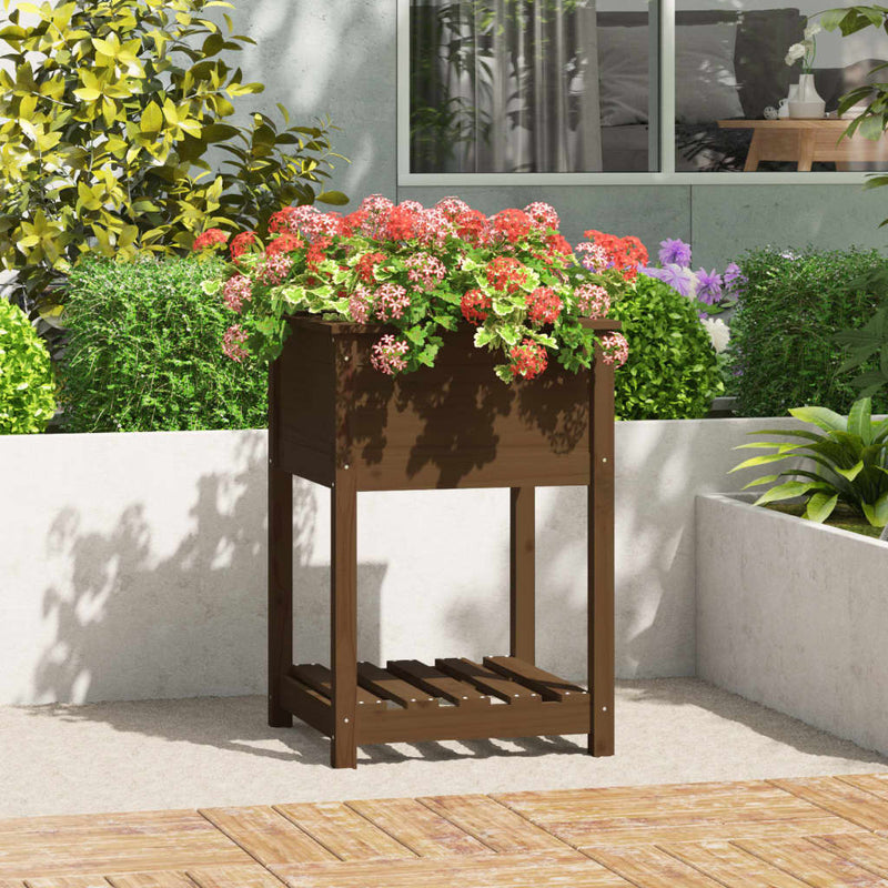 Load image into Gallery viewer, Vidaxl plantenbak met schap 54x54x81 cm grenenhout honingbruin