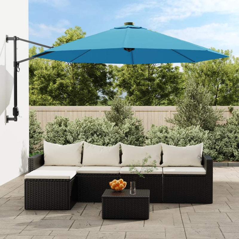 Afbeelding laden in galerijviewer, Vidaxl wandparasol met leds 290 cm zeeblauw