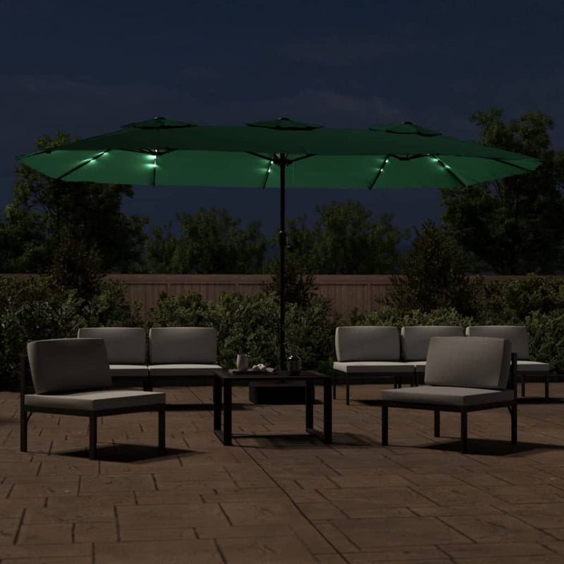 Afbeelding laden in galerijviewer, Vidaxl parasol dubbel dak met led 449x265 cm groen