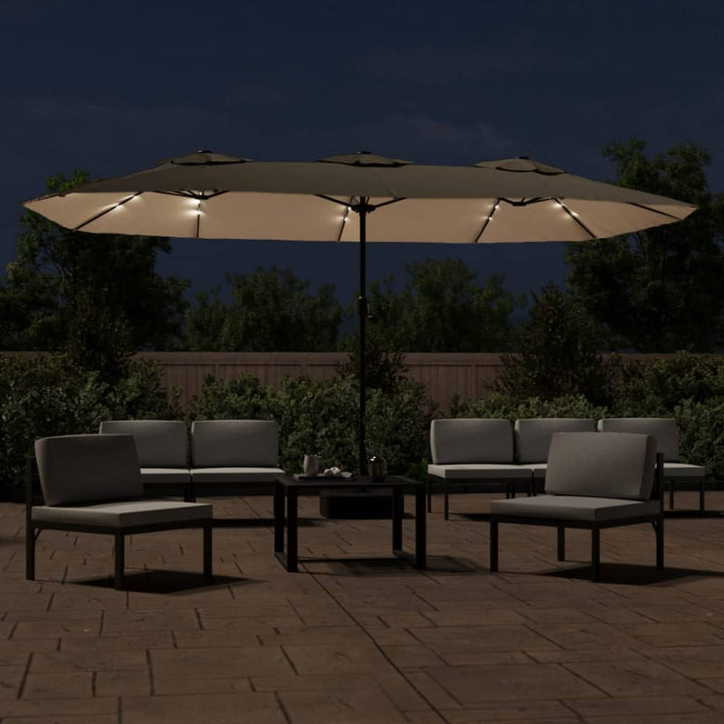 Afbeelding laden in galerijviewer, Vidaxl parasol dubbel dak met led 449x265 cm taupe