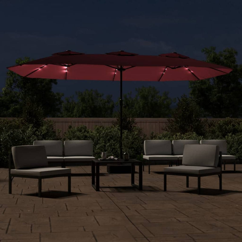 Afbeelding laden in galerijviewer, Vidaxl parasol dubbel dak met led 449x265 cm bordeauxrood