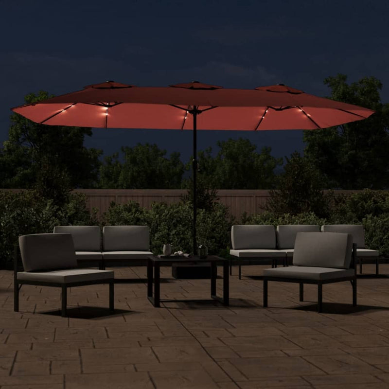 Afbeelding laden in galerijviewer, Vidaxl parasol dubbel dak met led 449x265 cm terracottakleurig