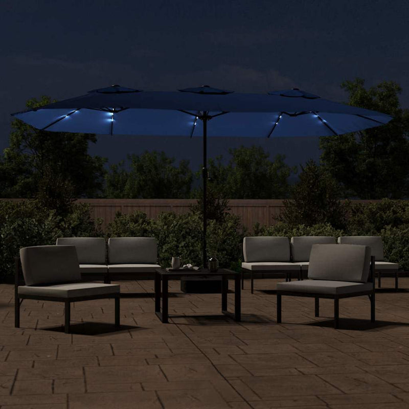 Afbeelding laden in galerijviewer, Vidaxl parasol dubbel dak met led 449x265 cm azuurblauw
