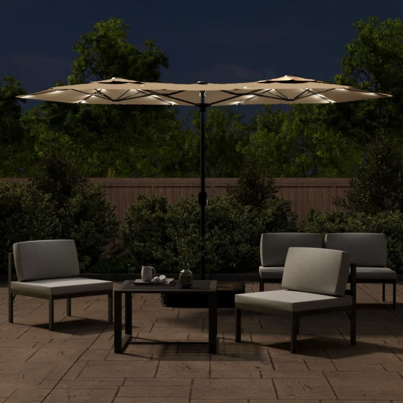 Afbeelding laden in galerijviewer, Vidaxl parasol dubbel dak met led's 316x145 cm taupe