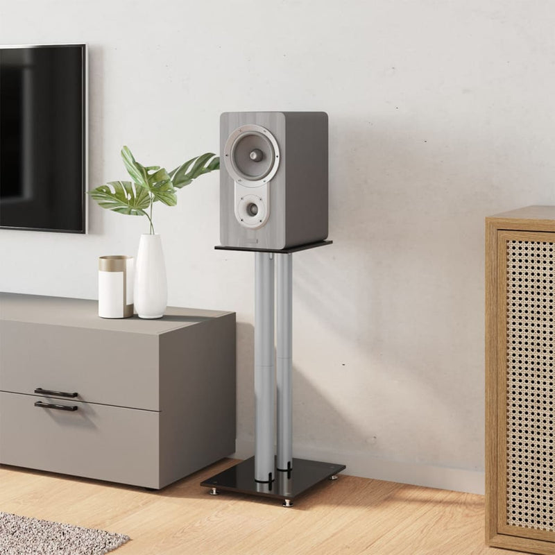 Load image into Gallery viewer, Vidaxl luidsprekerstandaards 2 st 2 pijlers gehard glas zwart zilver