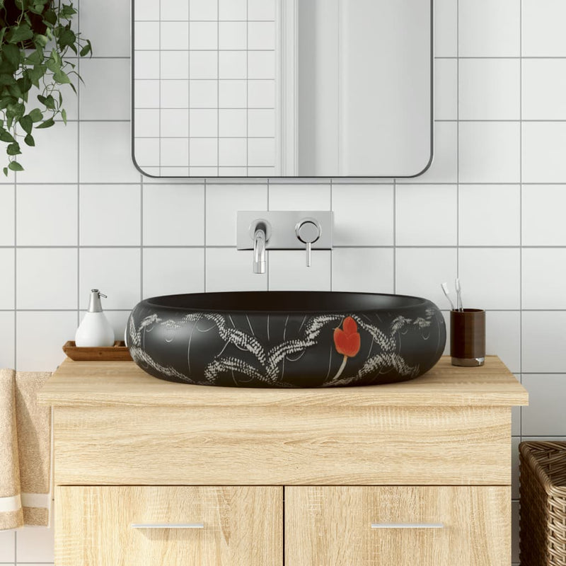 Load image into Gallery viewer, Vidaxl opzetwasbak ovaal 59x40x15 cm keramiek zwart