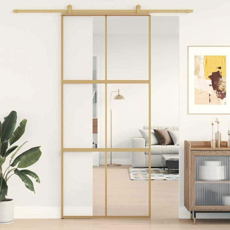 Load image into Gallery viewer, Vidaxl schuifdeur 90x205 cm helder esg-glas en aluminium goudkleurig