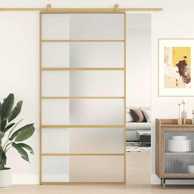 Load image into Gallery viewer, Vidaxl schuifdeur 102,5x205 cm mat esg-glas en aluminium goudkleurig