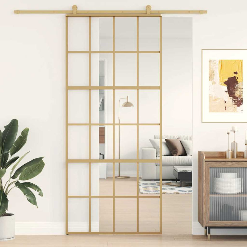 Load image into Gallery viewer, Vidaxl schuifdeur 90x205 cm helder esg-glas en aluminium goudkleurig