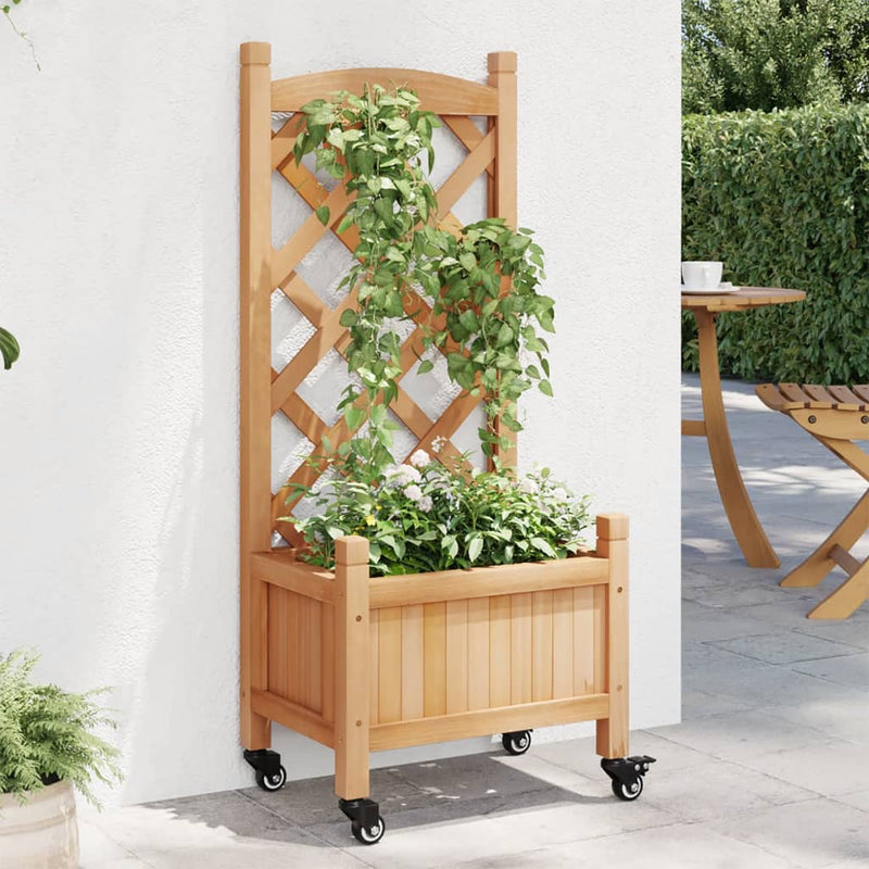 Load image into Gallery viewer, VidaXL Plantenbak met latwerk en wielen massief vurenhout bruin