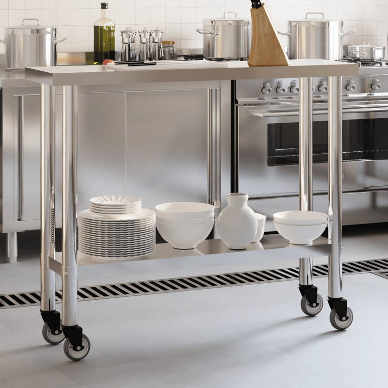 Load image into Gallery viewer, Vidaxl keukenwerktafel met wielen 110x30x85 cm roestvrij staal
