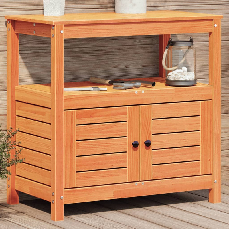 Load image into Gallery viewer, Vidaxl oppottafel met schappen 82,5x45x81 cm massief grenenhout bruin