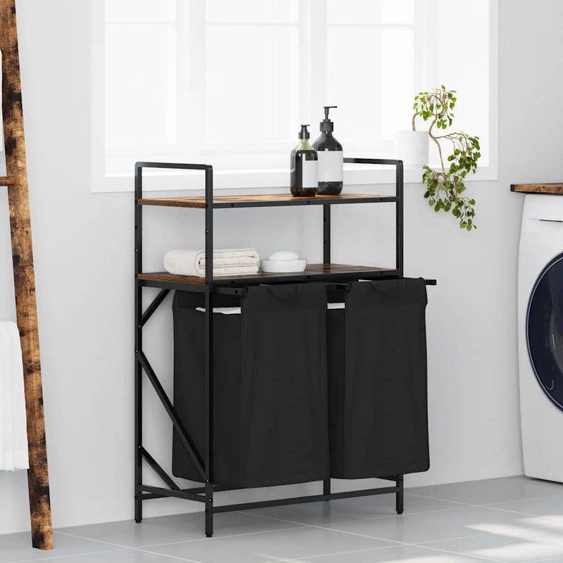 Load image into Gallery viewer, Vidaxl wasmand 2 vakken met planken gerookt eikenkleurig