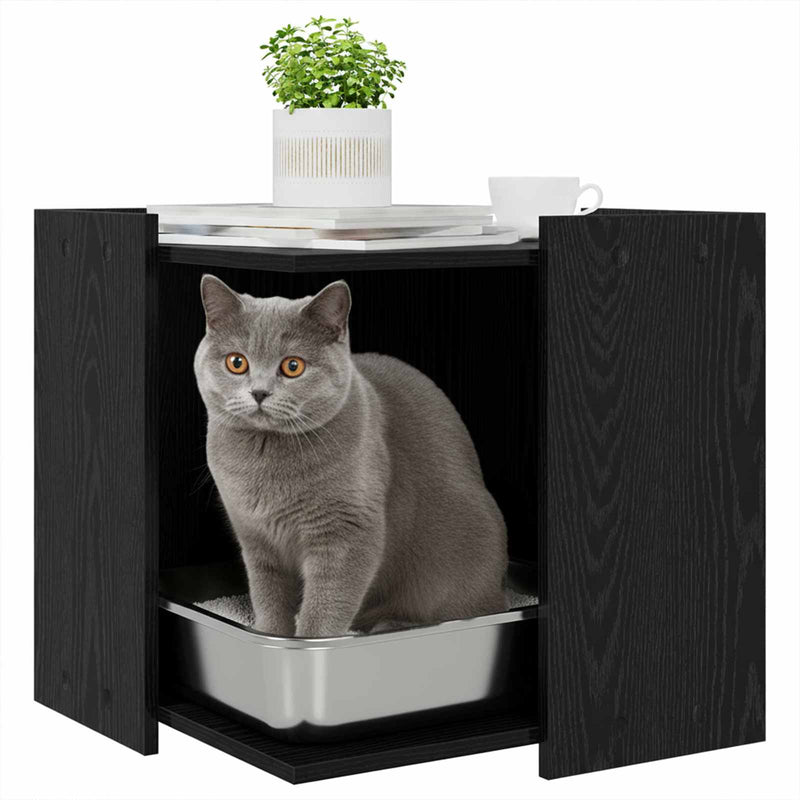 Load image into Gallery viewer, Vidaxl kattenbak omheining zwart eiken 53 x 53 x 51 cm bewerkt hout