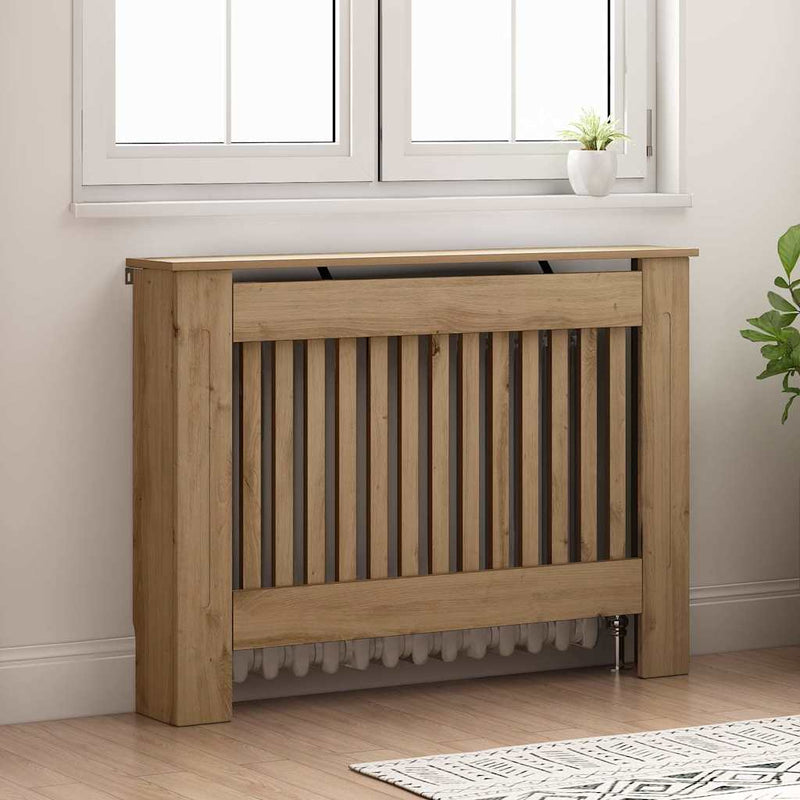 Load image into Gallery viewer, Vidaxl radiatorafdekking artisan eiken 112 x 19 x 81,5 cm bewerkt hout