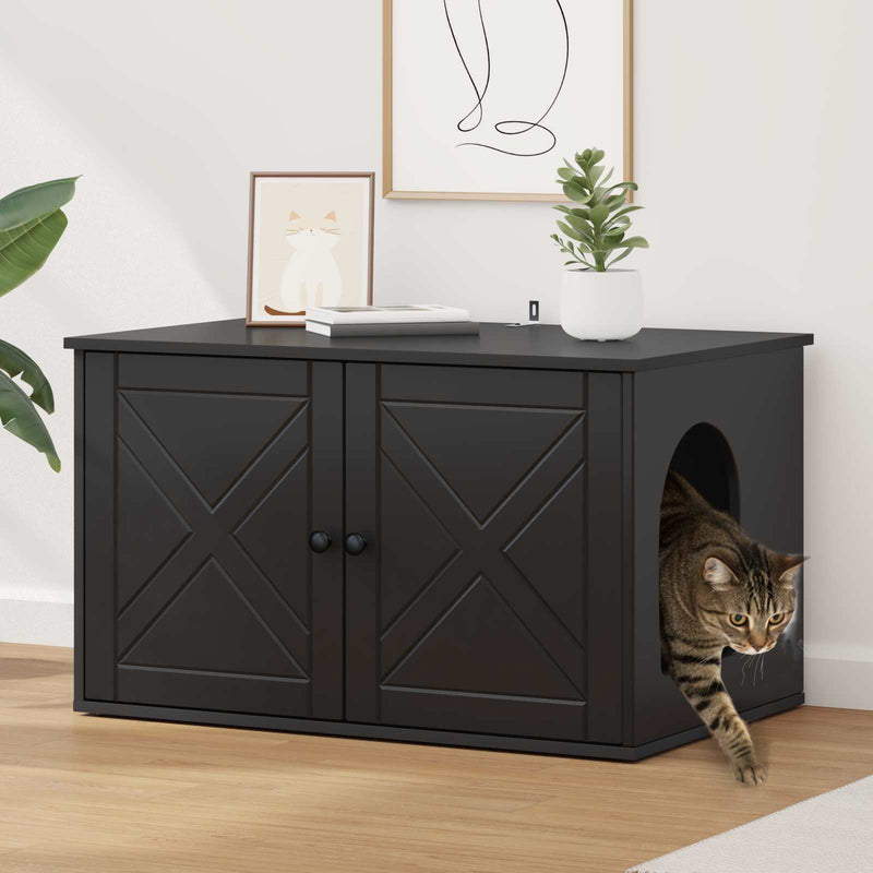 Load image into Gallery viewer, Vidaxl kattenhuis zwart 85 x 55 x 50,5 cm bewerkt hout