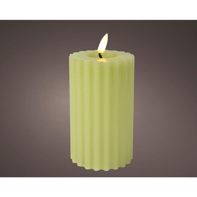Load image into Gallery viewer, Lumineo led kaars ribbel voor binnen met vlameffect en timer dia7,5x14,7cm groen werkt op 2xaaa batterijen (excl)<br> <br> <br> <br>