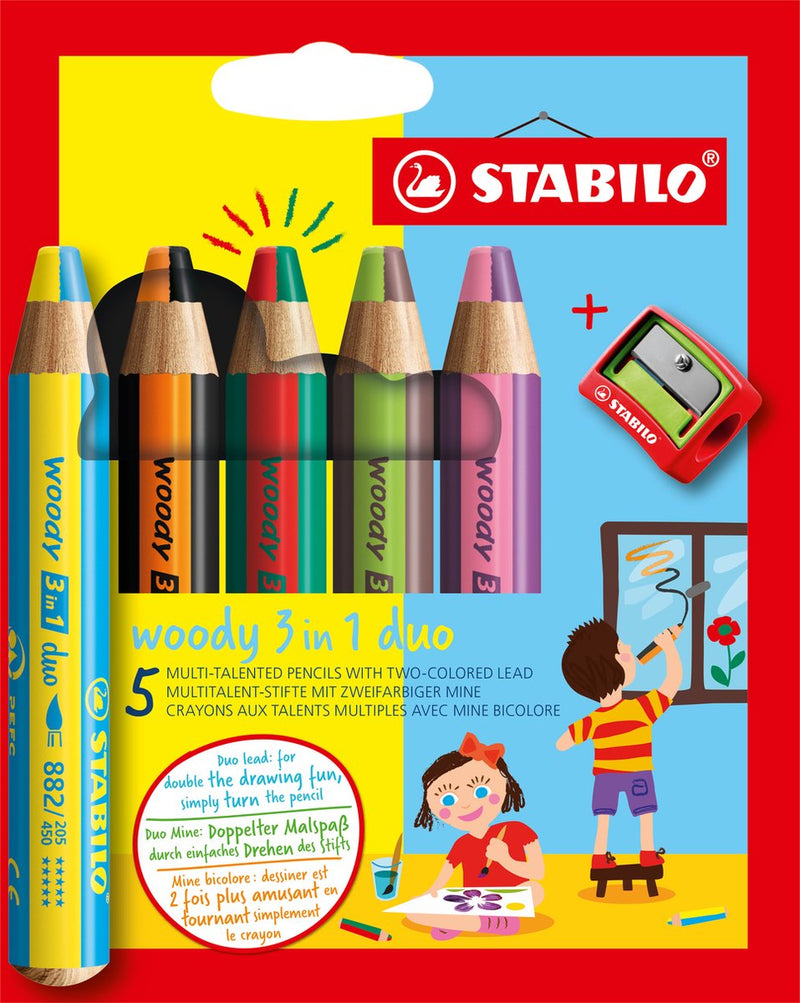 Load image into Gallery viewer, Stabilo woody 3 in 1 duo - multi talent kleurpotloden - etui met 5 kleuren puntenslijper