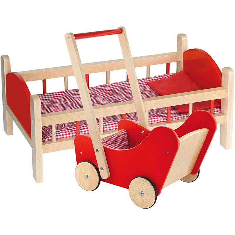 Afbeelding laden in galerijviewer, Https: www.cchobby.nl viga-poppenbed-en-houten-poppenwagen-rood-2-onderdelen-1-set