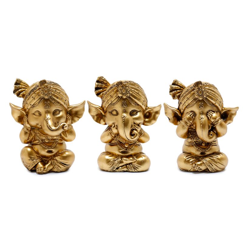 Afbeelding laden in galerijviewer, Set 3 gouden ganesh hoor spreek zie geen kwaad
