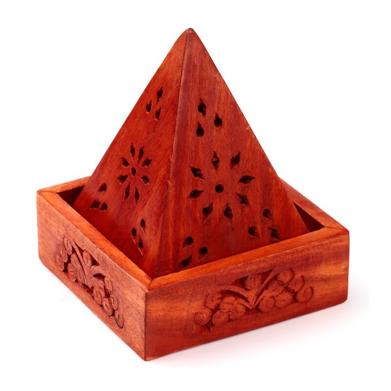 Afbeelding laden in galerijviewer, Mango hout piramide wierookhouder kegels bloem lijstwerk