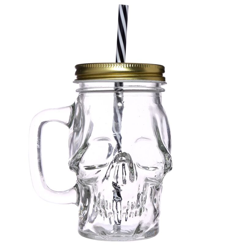 Afbeelding laden in galerijviewer, Schedelvormige mason jar glazen drinkbeker met rietje en dekel