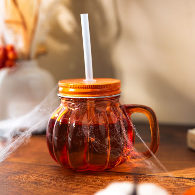Load image into Gallery viewer, Pompoen mason jar glazen drinkbeker met rietje en dekel