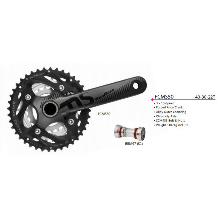 Load image into Gallery viewer, Sunrace crankstel fcms50 10v 40 30 22 175mm +bb-set