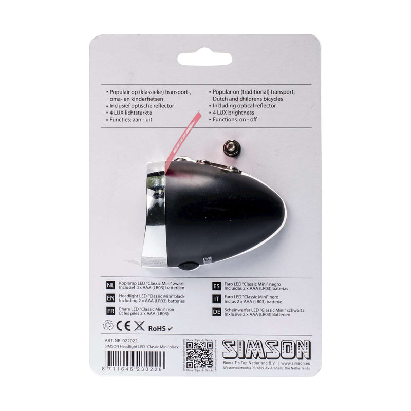 Load image into Gallery viewer, Simson voorvorkkoplamp Classic Mini zwart incl. bat. op kaart