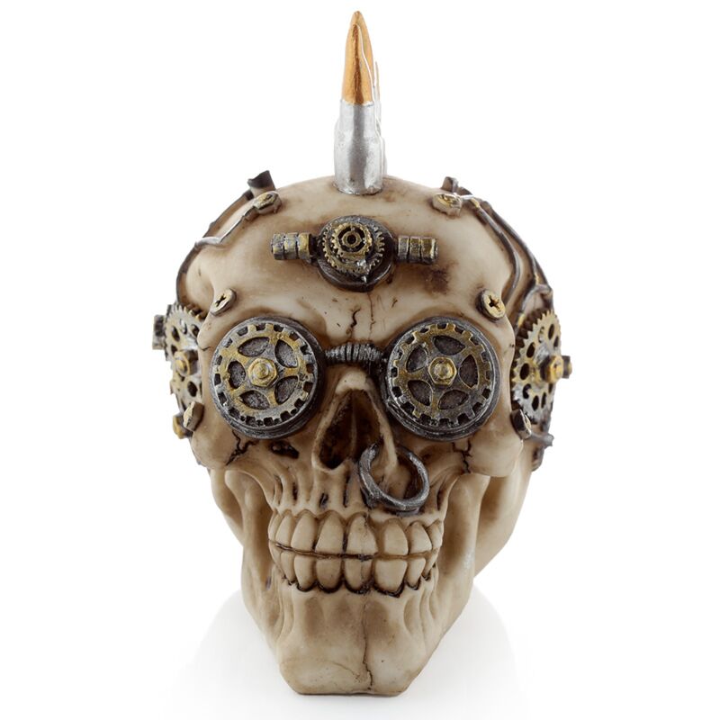 Afbeelding laden in galerijviewer, Steam punk stijl schedel met kogel mohican woonaccessoire