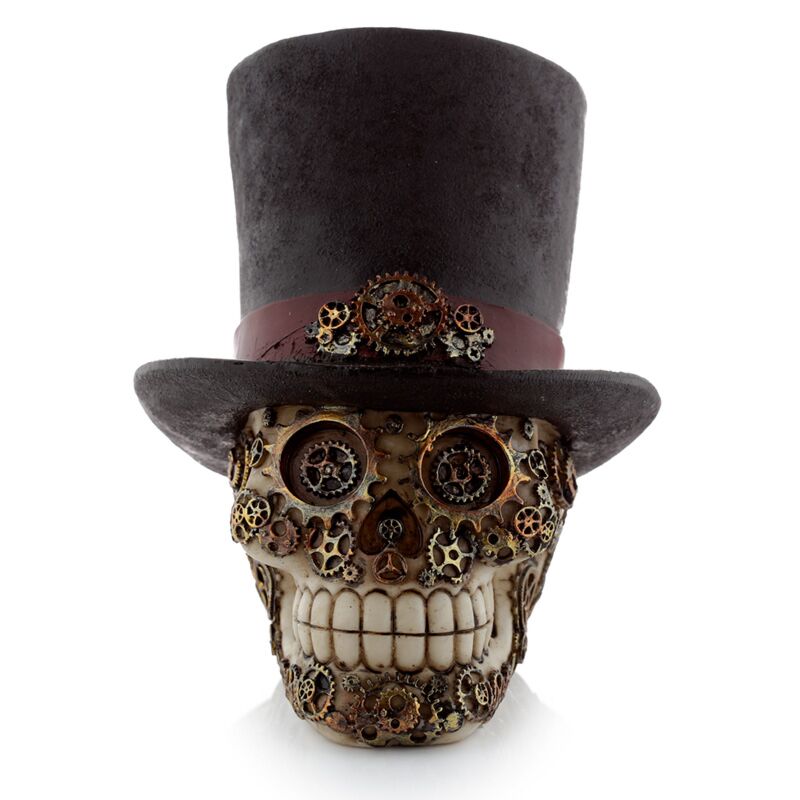 Afbeelding laden in galerijviewer, Steam punk stijl schedel met hoge hoed woonaccessoire