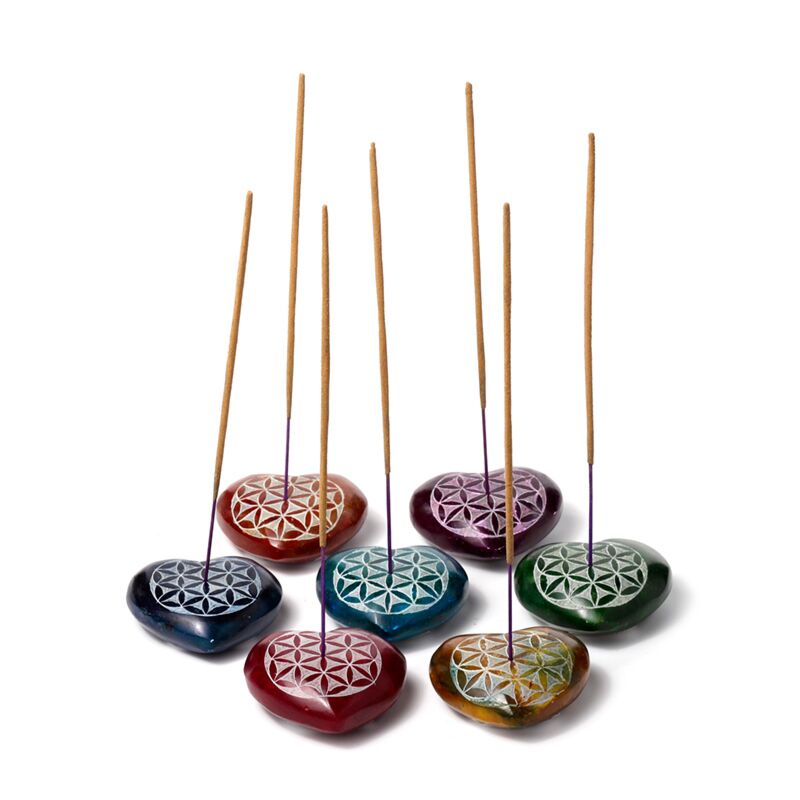 Afbeelding laden in galerijviewer, Zeepsteen chakra hart flower of life wierookstokjes houder
